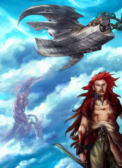 Prompt: An epic fantasy pokemon anime style portrait painting of a long haired, red headed male sky-pirate in front of an airship