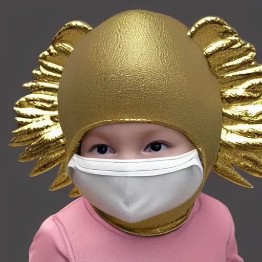 Image similar to a high tech 3 d rendering of a a baby cherub angel wearing a balaclava face mask, ski mask, face covered, covered face, fixed eyes, tattoos, multiple gold cuban chain necklace, concept art octane render, blender,