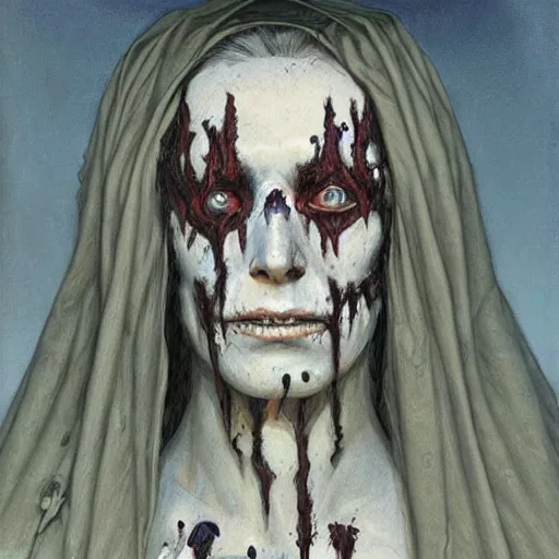 Prompt: portrait of an undead priestess, by gerald brom, donato giancola, and berthold woltze.