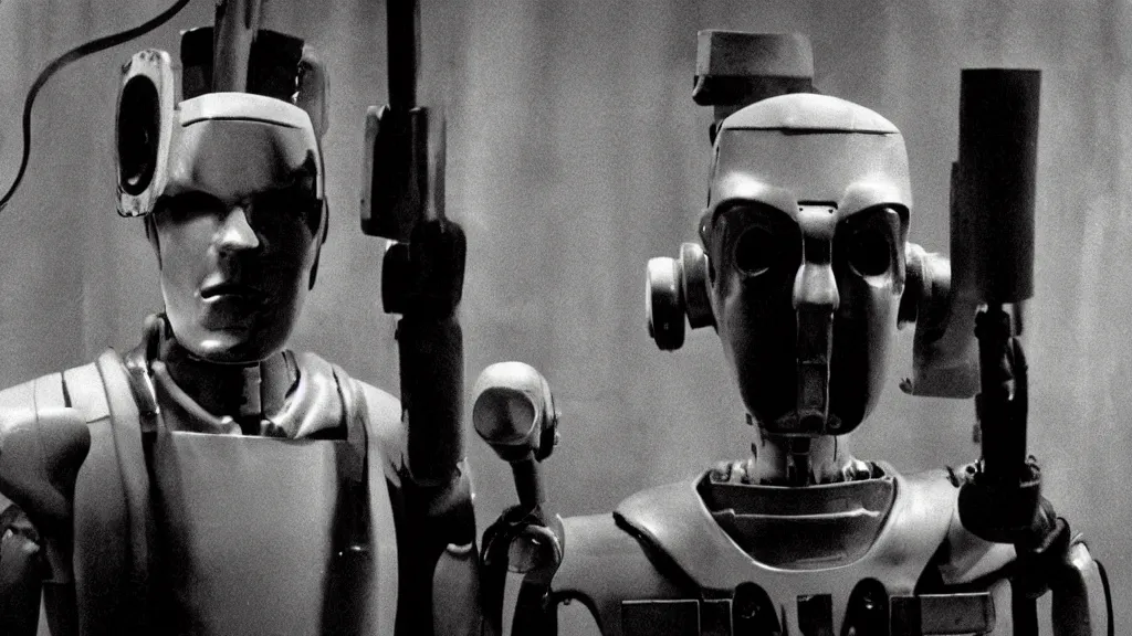 Image similar to The man with robot head, movie still, cinematic composition, cinematic light, by David Lynch