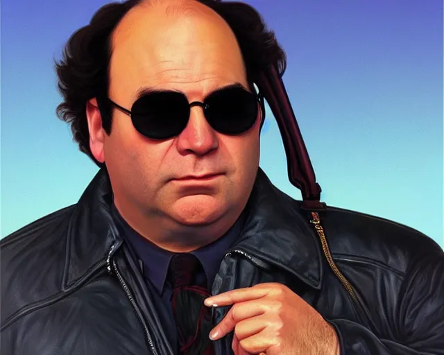 Prompt: george constanza from seinfeld as james bond wearing sunglasses and a leather jacket, photography of kurzgesagt, deep focus, d & d, fantasy, intricate, elegant, highly detailed, digital painting, artstation, concept art, matte, sharp focus, illustration, hearthstone, art by artgerm and greg rutkowski and alphonse mucha