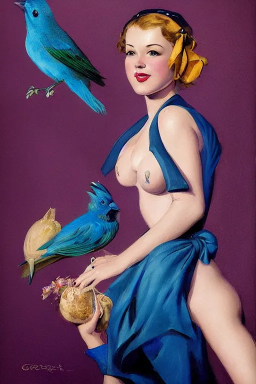 Image similar to hyper realistic painting, tasteful pinup girl holding an indigo bunting, bird, the bird is wearing a bowtie, by greg rutkowski, rossdraws, gil elvgren, enoch bolles, anime, porcelain skin, very coherent