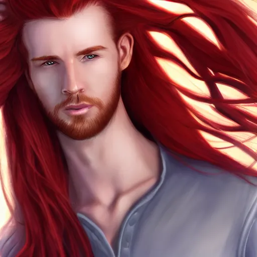 Image similar to portrait of a handsome male ship captain with long red hair!!!!!!, 30 years old, bashful, upper body, ethereal, muscular, friendly, playful, D&D, hairworks, Unreal 4, fantasy, elegant, highly detailed, digital painting, hairworks, deviantart, artstation, concept art, sharp focus, dramatic lighting, illustration, art by Artgerm and Greg Rutkowski and Alphonse Mucha