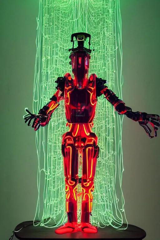 Image similar to full-body baroque and bladerunner style green neon and ceramic statue of a muscular attractive Spanish robot god humanoid wearing a see-through silk cloak sim roupa, posing like a falling model, suspended from the ceiling with thick neon cables, glowing mint face, crown of red steampunk lasers, emeralds, swirling silver silk fabric. futuristic elements. oozing glowing liquid, full-length view. space robots. human skulls. throne made of bones, intricate artwork by caravaggio. Trending on artstation, octane render, cinematic lighting from the right, hyper realism, octane render, 8k, depth of field, 3D