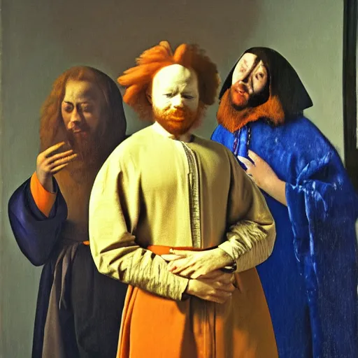 Image similar to Masterpiece Portrait of carrot top, dressed thobe, Ghutra and Egal, style of Johannes Vermeer