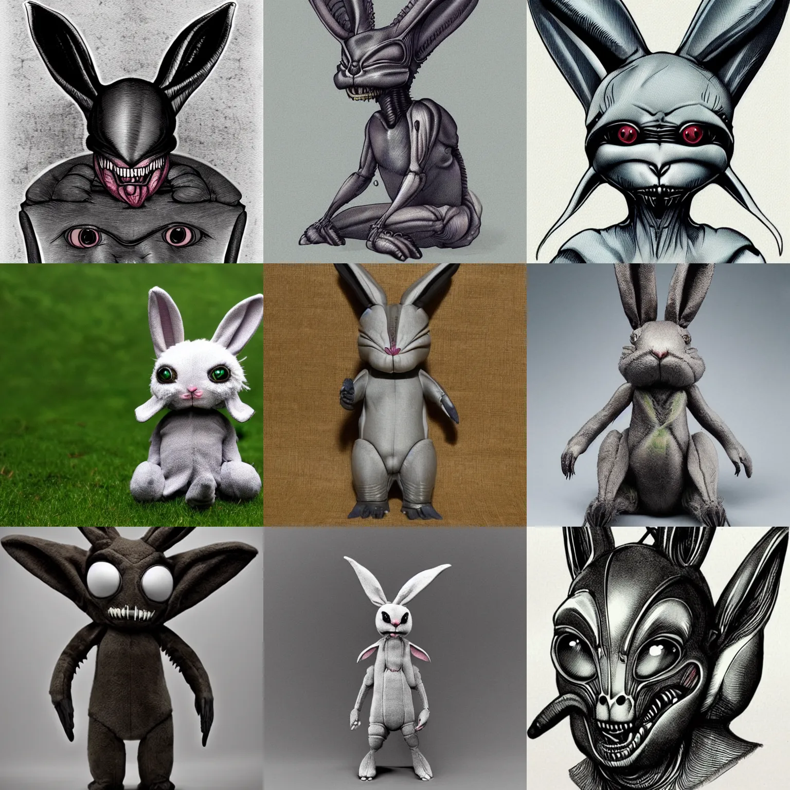 Prompt: a rabbit designed by h r giger, cuddly alien bunny, xenomorph critter, cute alien