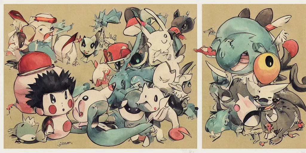 Image similar to a whimsical storybook illustration of pokemon, 1 9 5 0 s japan, designed by jean baptiste monge but in lowbrow pop art style, high resolution, fine details, muted colors m