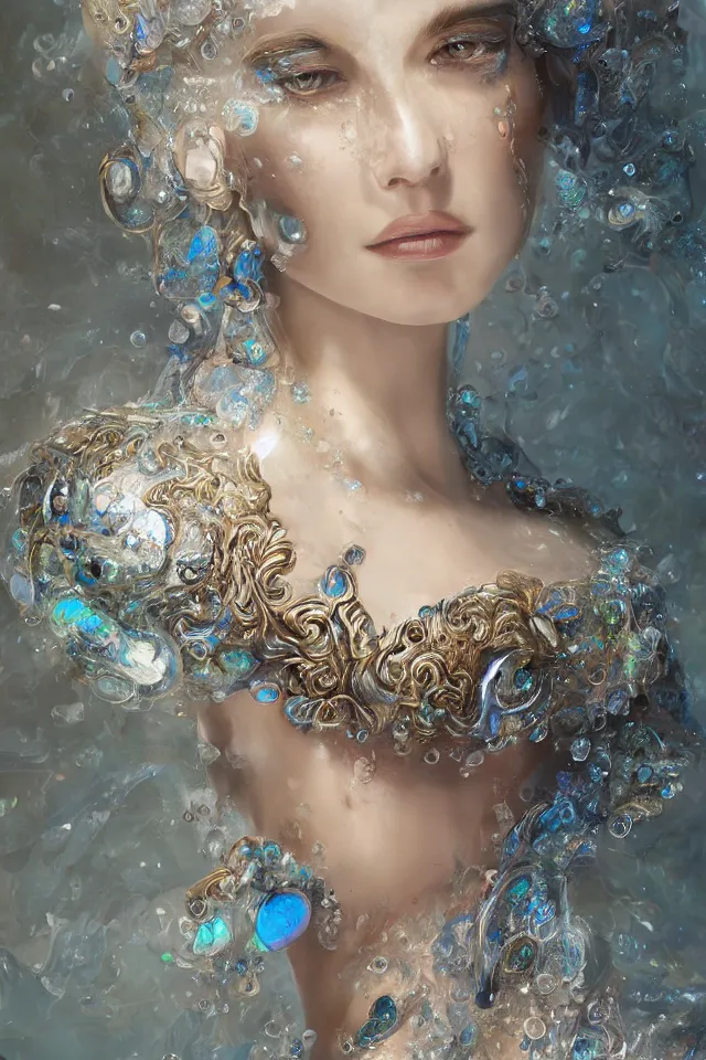 Prompt: a sculpture made of opal and water, portrait, queen, future, harper's bazaar, vogue, magazine, insanely detailed and intricate, concept art, ornate, luxury, elite, elegant, trending on artstation, by Ruan Jia, Kenneth Willardt, Ross Tran, WLOP, Andrei Riabovitchev.