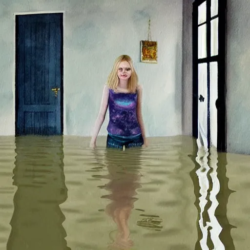 Image similar to painting of Elle Fanning in a flooded house interior, by metaphysical style