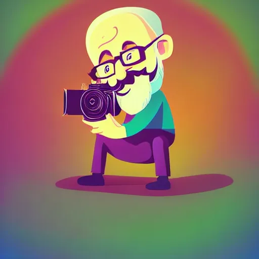 Image similar to curled perspective digital art of a cute smiling beard grandpa cartoon character taking a photo to a baby girl by anton fadeev