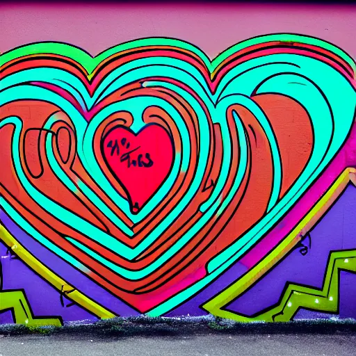 Image similar to wall with graffiti, heart filled with circles and lines