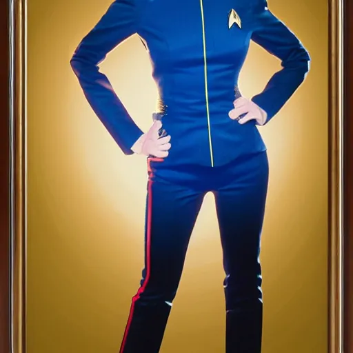 Image similar to a full body photograph of 3 0 year old eva green as a star fleet officer from star trek next generation, ultra rendered, extreme realism and detail, 8 k, highly detailed, realistic, completely framed, hyper realistic, colorful, direct lighting, 3 5 mm photo, photorealistic, sharp focus