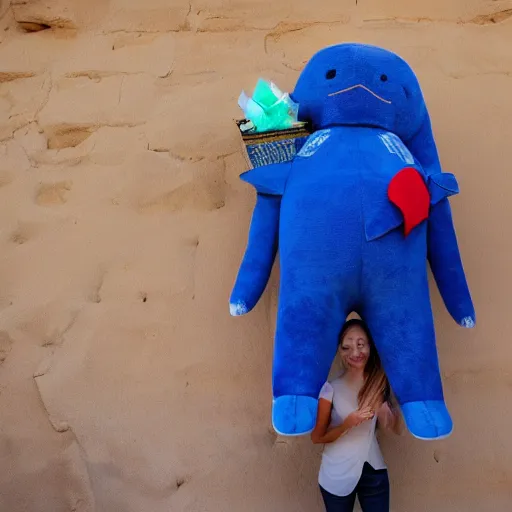 Prompt: blue'snappy gifts'human - sized plush doll, at the pyramids in egypt, holding gift, happy atmosphere, high detail, soft lighting, 8 k