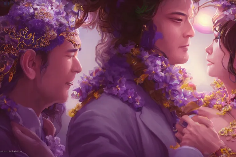 Image similar to a cinematic portrait of wedding photograph jpeg close up moment of a divine a japan sun god and moon goddess lovers magician at a wedding banquet. portraiture. digital painting. artstation. concept art. fantasy wedding photo. digital painting, 8 k realistic, hyper detailed, violet evergarden art masterpiece by art by krenz cushart