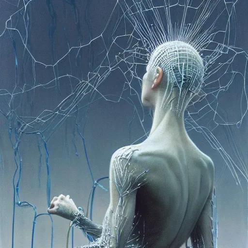 Image similar to Woman, spiky ice crystals on skin, 150mm, shiny, flat background, glowing, wires everywhere, by Edgar Maxence and Ross Tran, Zdzisław Beksiński, and Michael Whelan, distant, gustav dore, H.R. Giger, 8k, octane render