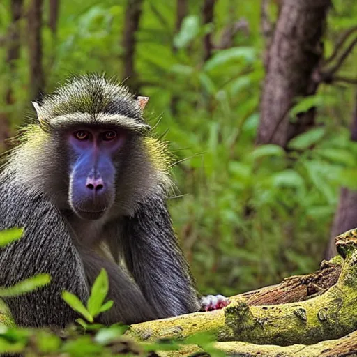 Prompt: rainbow baboon in a forest national geographic photograph detailed
