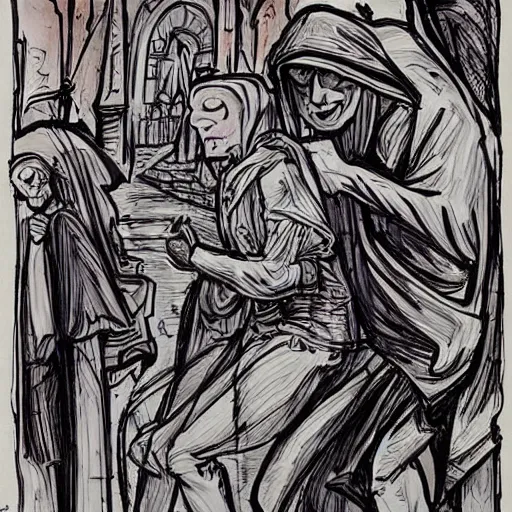 Prompt: hunchback death pilgrimage, in the style of tom jung, colourful hand drawing, beautiful faces, dramatic, tragic, intricate, detailed, beautiful