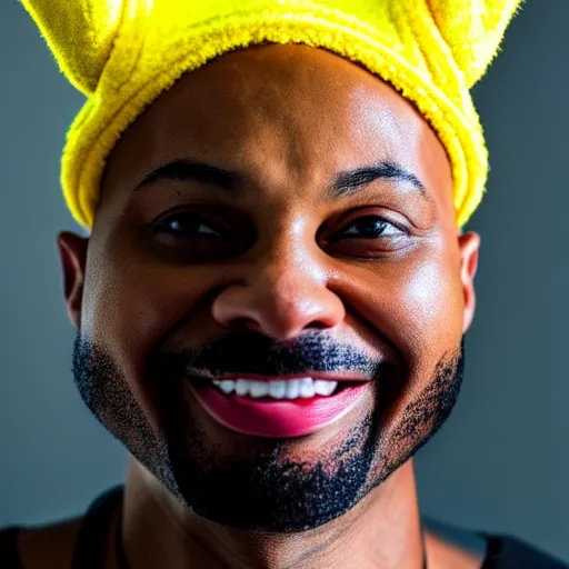 Image similar to a bald black man with a pikachu hat, close up