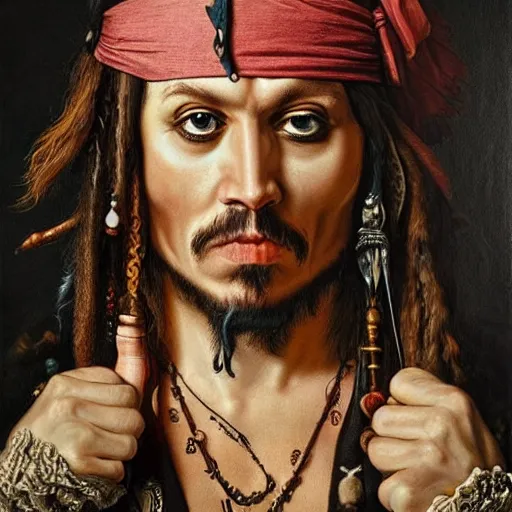 Image similar to Detailed maximalist portrait, exasperated expression, jack sparrow, highly detailed and intricate, surreal illustration in the style of Caravaggio, dark art, baroque,