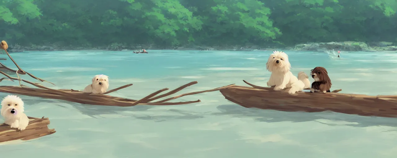 Image similar to a cream - colored havanese dog and shih tzu, sailing a log raft onto the shore of a beautiful tropical beach, detailed, atey ghailan, goro fujita, studio ghibli, rim light, exquisite lighting, clear focus, very coherent,