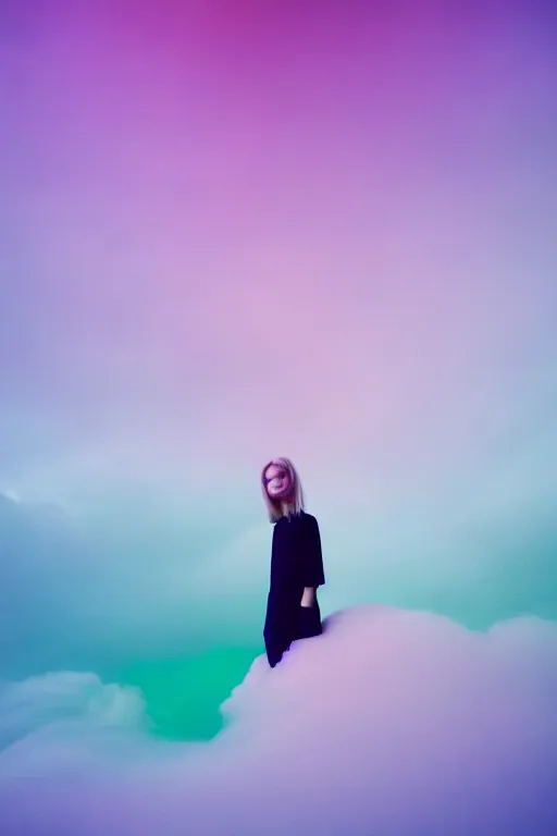 Image similar to high quality pastel coloured film close up wide angle photograph of a model wearing clothing resting on cloud furniture in a icelandic black rock!! environment in a partially haze filled dreamstate world. three point light, rainbow. photographic production. art directed. pastel colours. volumetric clouds. pastel gradient overlay. waves glitch artefacts. extreme facial clarity. 8 k. filmic.