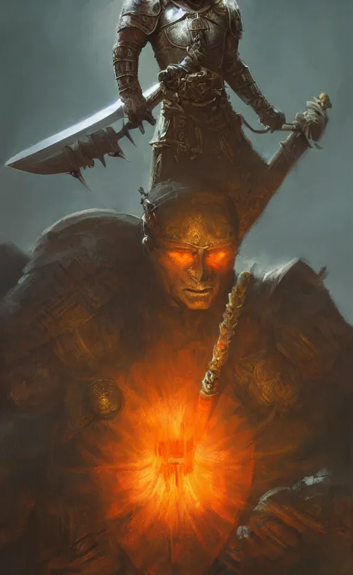 Image similar to a medieval warrior with a sword etched with runes and orange glowing eyes, advanced lighting from above, full body, detailed digital painting masterpiece by frank frazetta craig mullins and daniel f gerhartz, gorgeous, 4 k