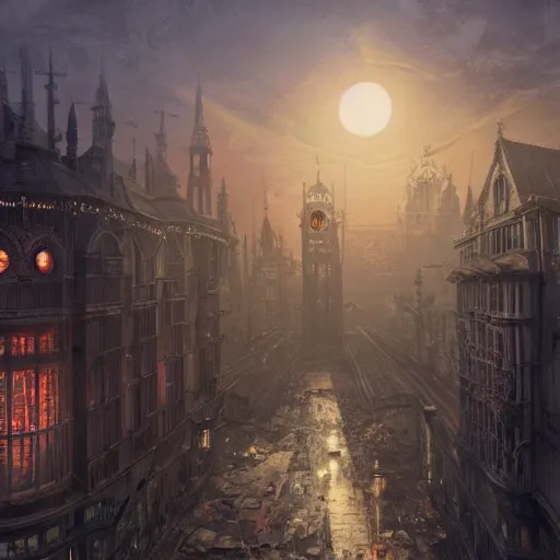 Prompt: A hyper detailed painting of an abandoned victorian era city at night, red moonlight shining on it from above, dark fantasy, an abandoned clock tower in the middle of the city, by Greg Rutkowski, trending on artstation
