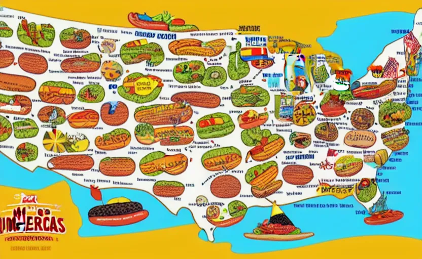 Image similar to hot dogs across america map, detailed, map key, tourist map, brochure