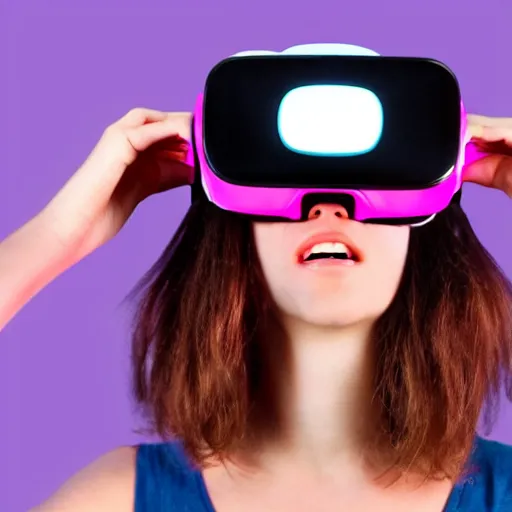 Image similar to realistic picture of female wearing virtual reality device cyan magenta background