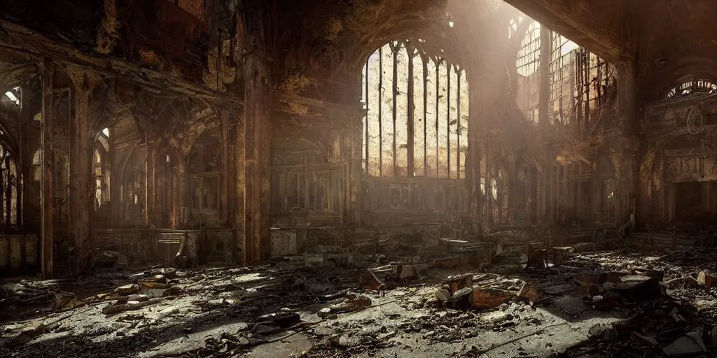 Prompt: fallout 5, indoors dilapidated partially ruined church interior, rusted machinery, atmospheric lighting, painted, intricate, volumetric lighting, beautiful, daytime, sunny weather, slight overcast, golden hour, sharp focus, deep colours, ultra detailed, by leesha hannigan, ross tran, thierry doizon, kai carpenter, ignacio fernandez rios