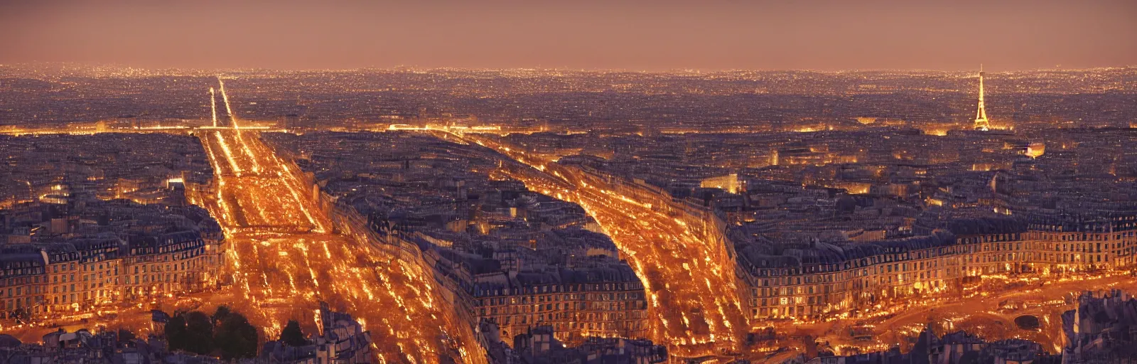 Image similar to night time photo of paris france seen from a luxury hotel window with bokeh, depth of field, glowing lights, romantic beautiful, black, red, yellow, orange colors, telephoto lens, romantic, soft, beautiful, award winning architecture, extremely beautiful lighting, cinematic composition, modern, render, architectural, architecture, realistic, clear