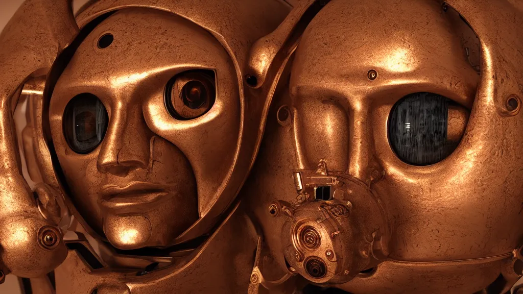 Prompt: portrait of a robot from the 17th century, made of copper brass iron and wood, glass lenses, VFX render