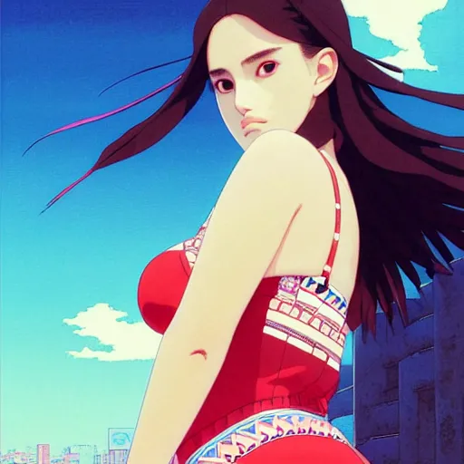 Image similar to a beautiful plus sized model japanese natalie portman, alluring plus sized model, wearing mayan leotard with overalls, street fashion hip hop style with mayan patterns, aztec street fashion, gapmoe yandere grimdark, trending on pixiv fanbox, painted by greg rutkowski makoto shinkai takashi takeuchi studio ghibli, akihiko yoshida