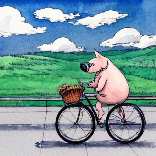 Image similar to a pig riding a bicycle on the road by the seaport,detailed watercolor pen ink illustration by Hayao Miyazaki, key visual official media