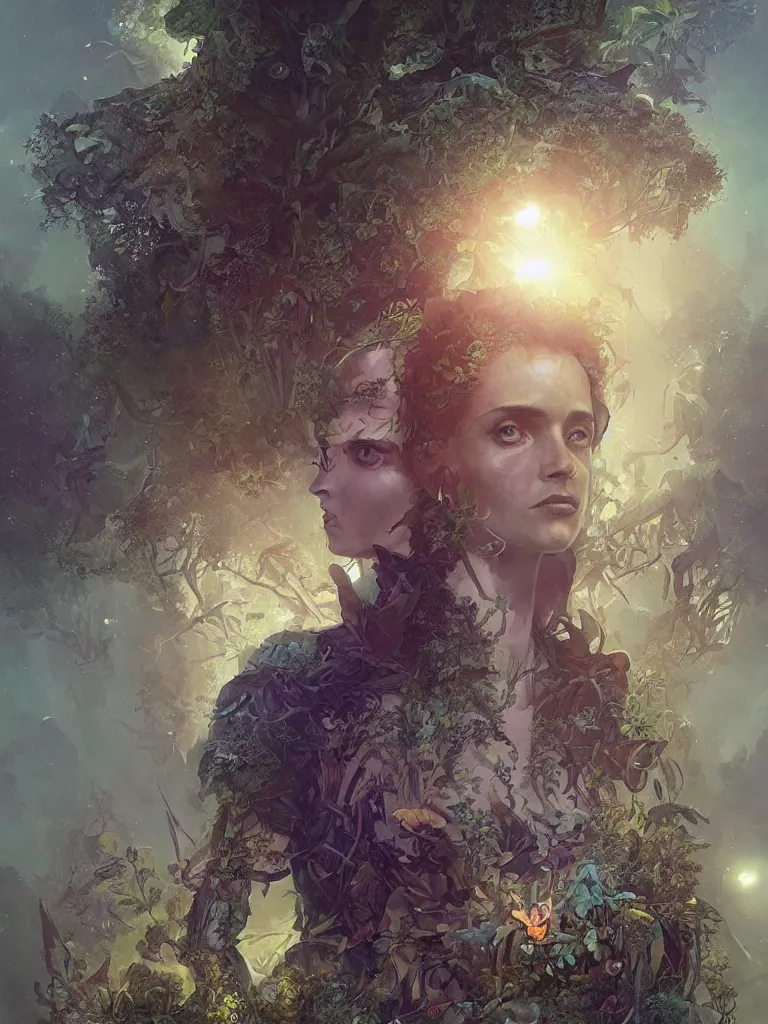 Image similar to a solarpunk portrait of a gorgeous woman in the movie Annihilation, with mutated bears and trees and fractal sunlight, award-winning, masterpiece, in the style of Tom Bagshaw, Cedric Peyravernay, Peter Mohrbacher