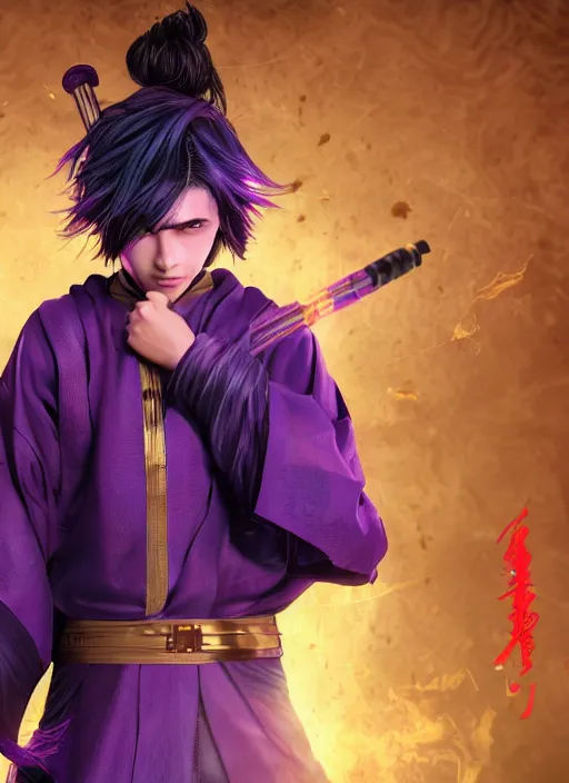 Image similar to An epic fantasy comic book style portrait painting of teenager boy with straight indigo hair, purple eyes with red eye markers, slim body, wearing a detailed Japanese kimono with golden armpieces, holding a pair of fans. Unreal 5, DAZ, hyperrealistic, octane render, cosplay, RPG portrait, dynamic lighting