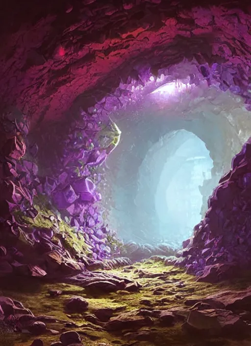 Image similar to beautiful hyper realistic zergling tunnel in cave of purple crystals, beautiful painting by greg rutkowski