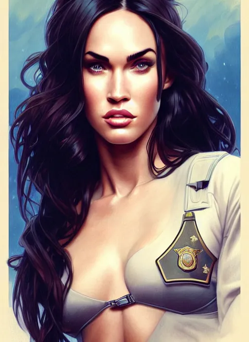 Image similar to portrait of megan fox as police officer, uniform, intricate, headshot, highly detailed, digital painting, artstation, concept art, sharp focus, cinematic lighting, illustration, art by artgerm and greg rutkowski, alphonse mucha, cgsociety