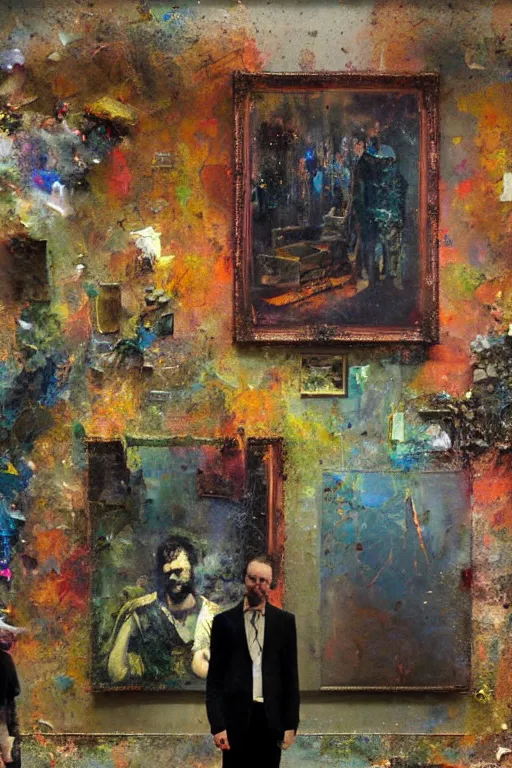 Image similar to a beautiful glitched painting by robert proch of people in front of a painting in a museum gallery, metal rust and plaster materials, pixel sorting, color bleeding, brushstrokes by jeremy mann, still life, dark colors