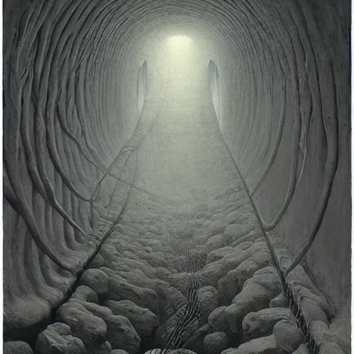 Prompt: holy mountain. unsettling. semi - organic. tunnel, doorways. zdzisław beksinski