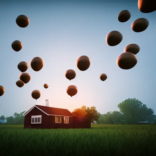 Prompt: a foating house in mid air held by ballons, dept of field, cinematic, volumetric lightening, octane render