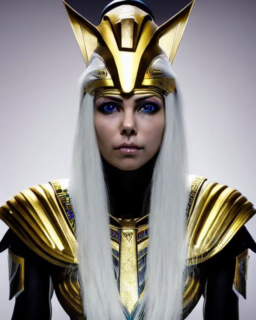 Image similar to perfect white haired attractive egyptian goddess, warframe armor, pharaoh headdress, beautiful, symmetric, dreamy, half asian, pretty face, green eyes, charlize theron, detailed, scifi platform, laboratory, experiment, 4 k, ultra realistic, epic lighting, android body, illuminated, cinematic, masterpiece, art by akihito tsukushi, voidstar