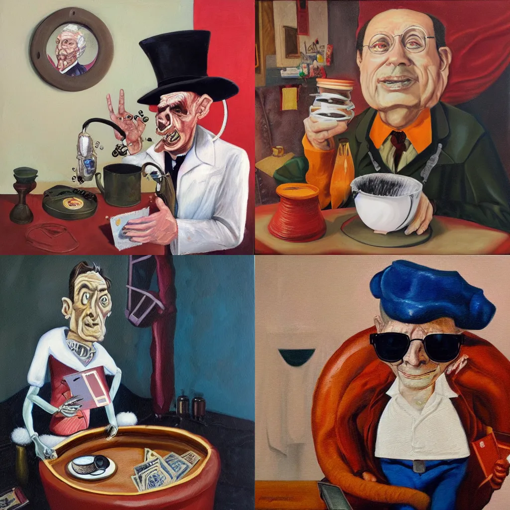 Prompt: oil painting of Dr. Filth with his world Inside of a leather cup his nurse, some local loser keeps The cards in style of paula rego