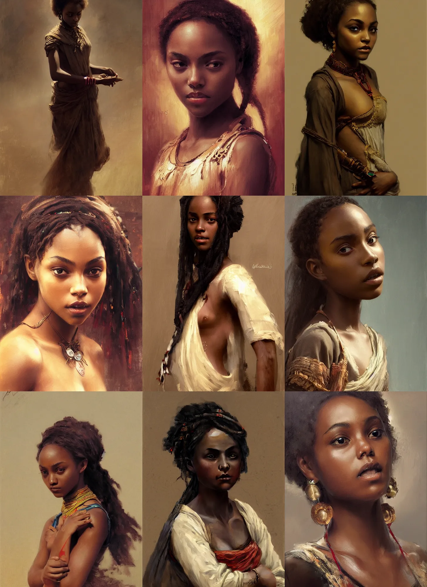 Prompt: black annasophia robb as ethiopian girl, intricate, elegant, highly detailed, artstation, concept art, sharp focus, ruan jia, jurgens, orientalism, bouguereau