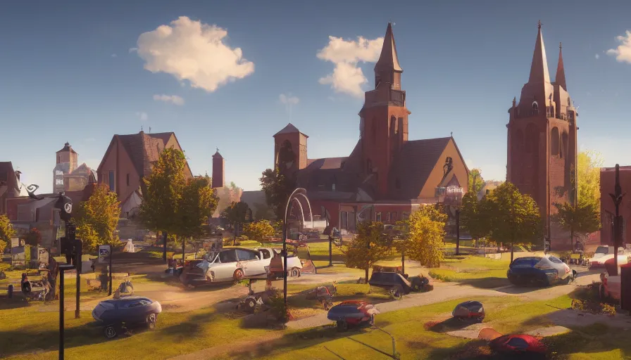 Image similar to midwest town with church, square, trees, sunny day, volumetric light, people on streets, hyperdetailed, artstation, cgsociety, 8 k