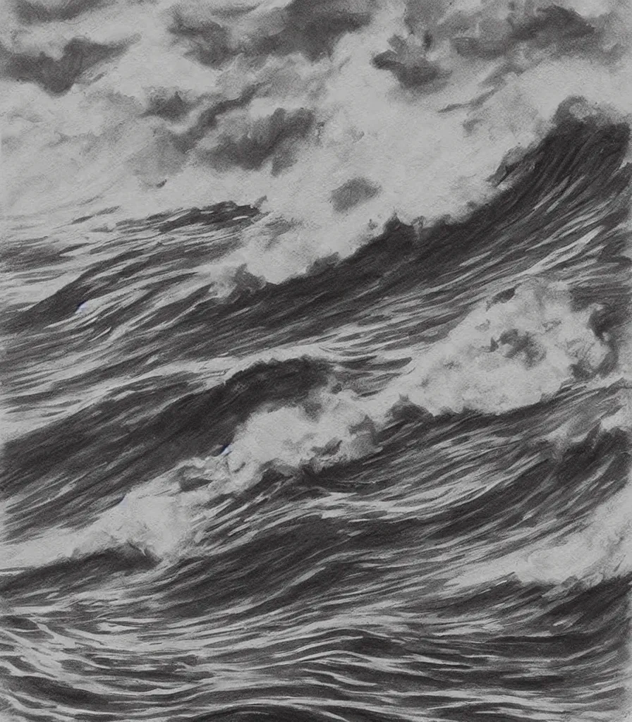 Image similar to a magnificent painting of beautiful hawaiian waves, line art!, charcoal sketch, dark strokes, high detail, simple style, golden acrylic highlights