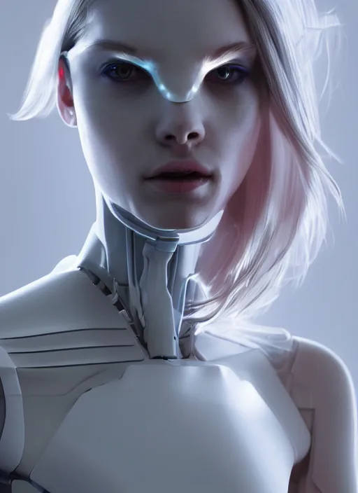 Image similar to white one cast futuristic biomechanics futuristic humanoid, pretty face, beautiful female, futuristic, neon lights, cyberpunk, 8 k, digital painting, by beeple and makoto shinkai, trending on cg society, glamour pose, high fashion, photorealistic, hyper realistic, environmental portrait, ambient occlusion render