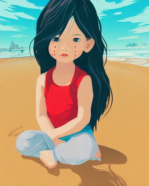 Image similar to a little girl sit beach. clean cel shaded vector art. illustration art by lois van baarle and helen huang and artgerm