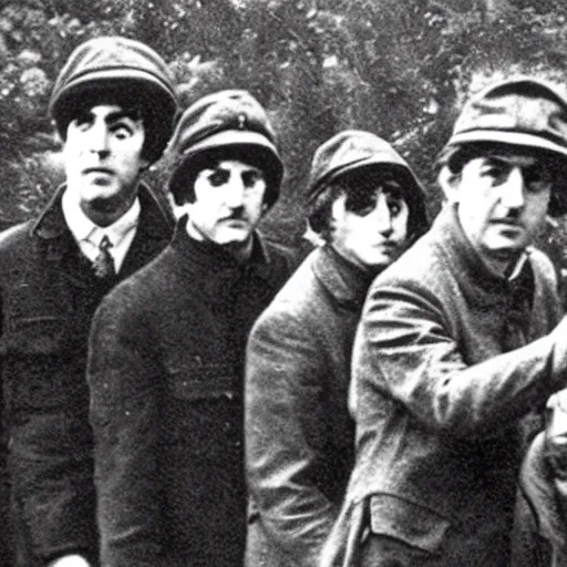 Prompt: old wartime photograph of the beatles carrying lewis guns, 1 9 1 7