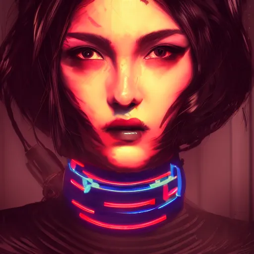 Image similar to headshot artwork of cyberpunk woman wearing thick black choker, collar on neck, realistic, artstation, neon,